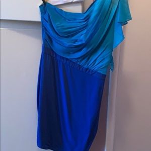 Blue off the shoulder dress with Gold chain belt